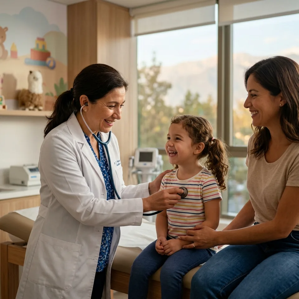 Escena ilustrativa de una madre y su hija durante una consulta pediátrica